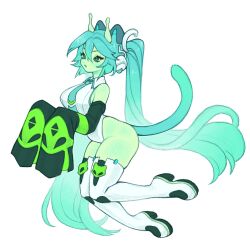  alien alienposting_(meme) animal_ears antennae aqua_hair aqua_necktie breasts cat_ears collared_leotard colored_skin cyber_fashion detached_sleeves female glorpi_miku_(dyarikku) green_eyes green_skin hatsune_miku highres leotard long_hair meizmonster meme necktie sleeves_past_fingers sleeves_past_wrists solo tail thighhighs twintails very_long_hair vocaloid white_leotard 
