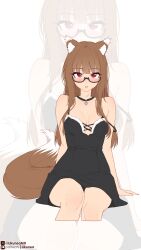  :o absurdres animal_ears arm_support black-framed_eyewear black_choker black_dress blush breasts brown_hair choker commentary cropped_legs dress english_commentary female glasses heart highres holo large_breasts likunea long_hair looking_at_viewer open_mouth patreon_logo patreon_username pendant_choker red_eyes semi-rimless_eyewear sitting sleeveless sleeveless_dress spice_and_wolf tail twitter_username twitter_x_logo under-rim_eyewear very_long_hair wolf_ears wolf_girl wolf_tail zoom_layer 