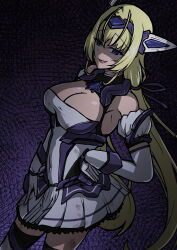  absurdres aoi_tabane bare_shoulders blonde_hair blood blood_on_clothes blue_eyes breasts cleavage covered_navel detached_sleeves dress elbow_gloves empty_eyes exs-tia_spica female gloves hair_ribbon hand_on_own_hip headgear highres katsuragi_shiori kouyoku_senki_exs-tia large_breasts long_hair looking_at_viewer low_twintails magical_girl open_mouth ribbon skirt smile solo thighhighs twintails very_long_hair white_gloves yandere zettai_ryouiki 