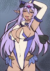  aoi_tabane arm_up armpits ass_visible_through_thighs blue_trim blush breasts cleavage collar covered_navel cowboy_shot dark-skinned_female dark_skin demon_girl demon_horns demon_tail elbow_gloves empty_eyes fangs female forked_tongue gloves hair_between_eyes highleg highleg_leotard highres horns katsuragi_marina kougyaku_reiki kouyoku_senki_exs-tia large_breasts leotard long_hair long_tongue looking_at_viewer open_mouth pointy_ears purple_eyes purple_hair smile solo tail tongue tongue_out very_long_hair white_gloves white_leotard 