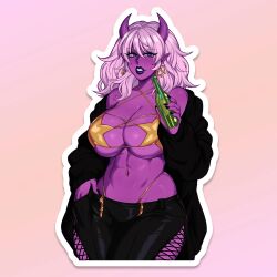  1boy absurdres amelie_(succuboos) beer_bottle bikini black_jacket black_pants bottle breasts colored_skin demon_girl demon_horns female gold_bikini gradient_background highres hip_vent holding holding_bottle horns huge_breasts jacket long_hair looking_at_viewer navel navel_piercing open_clothes open_jacket original outline pants piercing pointy_ears purple_horns purple_skin solo star-shaped_bikini star_(symbol) succuboos swimsuit white_outline 