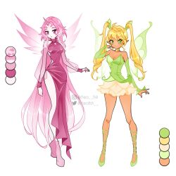  2girls absurdly_long_hair ahoge bad_id bad_twitter_id bare_shoulders bell blonde_hair boots breasts chocofish choker cleavage clenched_hand closed_mouth clothing_cutout collarbone collared_dress color_guide commentary dot_nose dress drill_hair english_commentary fairy fairy_wings flats frilled_skirt frills full_body green_arm_warmers green_choker green_ribbons green_shirt green_shoes green_wings hand_on_own_cheek hand_on_own_face high_collar highres horns knees large_breasts leg_ribbon lipstick long_dress long_hair long_sleeves looking_at_viewer magical_girl makeup miniskirt multiple_girls neck_bell original pale_skin pink_boots pink_dress pink_eyes pink_hair pink_horns pink_lips pink_sleeves pink_wings platform_boots pointy_ears puffy_long_sleeves puffy_sleeves reference_sheet ribbon shirt shoes shoulder_cutout side_slit simple_background single_bare_leg skirt smile standing straight_hair strapless strapless_shirt swept_bangs tan tight_clothes twin_drills twintails unicorn_horn very_long_hair white_background white_skirt wings winx_club 
