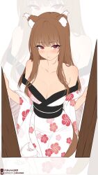  :/ animal_ear_fluff animal_ears bare_shoulders black_sash blush breasts brown_hair cleavage closed_mouth commentary cowboy_shot english_commentary female floral_print floral_print_kimono highres holo japanese_clothes kimono large_breasts likunea looking_at_viewer obi off_shoulder patreon_logo patreon_username print_kimono red_eyes sash spice_and_wolf standing tail twitter_username twitter_x_logo white_kimono wide_sleeves wolf_ears wolf_girl wolf_tail yukata zoom_layer 