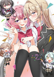  5girls absurdres amaori_renako black_hair black_jacket black_pantyhose black_thighhighs blazer blonde_hair blue_eyes blush bow bowtie braid breasts brown_hair carrying chibi chibi_inset closed_eyes closed_mouth collared_shirt commentary_request confetti crossed_arms disdain double-parted_bangs embarrassed feet_out_of_frame full_body green_hair grey_skirt grey_sweater_vest hair_ornament hair_over_shoulder hairclip half_up_braid hand_up highres jacket jitome koto_satsuki koyanagi_kaho large_breasts light_frown long_bangs long_hair long_sidelocks long_sleeves looking_at_viewer medium_hair multiple_girls oerba_yun_fang one_eye_closed open_mouth ouzuka_mai ozawa_sayori pantyhose party_popper pink_hair plaid_clothes plaid_skirt pleated_skirt princess_carry purple_eyes raised_eyebrows red_bow red_bowtie school_uniform sena_ajisai shirt side_braid sidelocks sideways_glance skin_fang skirt smile standing sweatdrop sweater_vest thighhighs upper_body v very_long_hair watashi_ga_koibito_ni_nareru_wake_naijan_murimuri! wavy_mouth white_shirt yellow_eyes yuri zettai_ryouiki 