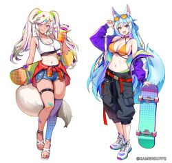  2girls :q animal_ears arm_up bag bare_shoulders bikini black_choker black_pants blue_hair blue_shorts breasts choker cleavage closed_mouth clothes_around_waist crop_top crop_top_overhang denim denim_shorts ein_(foxyreine) fox_ears fox_tail foxyreine full_body green_eyes highres jacket jacket_around_waist jewelry large_breasts long_hair long_sleeves looking_at_viewer midriff multiple_girls navel necklace off_shoulder open_clothes open_jacket open_mouth orange_bikini orange_eyes original pants purple_jacket sandals shirt shoes short_shorts shorts shoulder_bag simple_background single_thighhigh sister_reine_(foxyreine) skateboard skindentation sleeveless sleeveless_shirt smile sneakers stomach string_bikini swimsuit tail tan tank_top tanlines thigh_strap thighhighs thighs tongue tongue_out twintails very_long_hair white_background white_hair white_shirt 