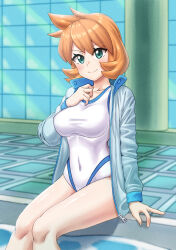  absurdres alternate_breast_size arm_support breasts closed_mouth covered_navel els_(ljhlee12) eyelashes female flipped_hair green_eyes hand_up highres indoors jacket kasumi_(pokemon) knees large_breasts long_sleeves mixed-language_commentary one-piece_swimsuit open_clothes open_jacket orange_hair pokemon pokemon_hgss pool poolside sitting smile solo swimsuit water white_one-piece_swimsuit zipper_pull_tab 
