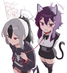  4girls absurdres animal_ears arms_behind_back aru_(blue_archive) bell black_bow black_bowtie black_hair black_hoodie black_horns black_skirt black_thighhighs blue_archive bow bowtie cat_ears cat_girl cat_tail chocowaffle choker closed_mouth collar collared_shirt demon_horns demon_wings double-parted_bangs earclip grey_halo hair_between_eyes hair_ornament hairclip halo hand_in_pocket haruka_(blue_archive) highres holding holding_leash hood hoodie horns jingle_bell kayoko_(blue_archive) leash long_hair long_sleeves low_wings multicolored_hair multiple_girls mutsuki_(blue_archive) neck_bell open_mouth peeking_out ponytail problem_solver_68_(blue_archive) purple_eyes purple_hair purple_halo red_eyes shirt single_wing skirt standing tail tearing_up thighhighs two-tone_hair white_hair white_shirt wings zettai_ryouiki 