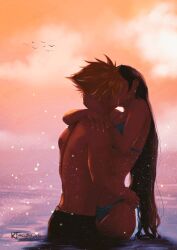  1boy arms_around_neck artist_name bikini bird black_hair blonde_hair blue_bikini cloud cloud_strife cloudy_sky couple cowboy_shot earrings english_commentary female final_fantasy final_fantasy_vii hand_on_another&#039;s_head hand_on_another&#039;s_hip hand_on_another&#039;s_shoulder hug jewelry kissing lady_ktea long_hair male_swimwear ocean orange_sky outdoors partially_submerged single_earring sky spiked_hair summer sunset swim_trunks swimsuit teardrop_earrings tifa_lockhart topless_male twitter_username very_long_hair white_nails 