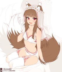  absurdres animal_ear_fluff animal_ears arm_support blush bra breasts brown_hair commentary daisy_(flower) english_commentary female flower flower_wreath garter_belt gloves hand_up head_wreath highres holo large_breasts large_tail likunea lingerie long_hair looking_at_viewer navel oerba_yun_fang open_mouth panties patreon_logo patreon_username red_eyes seiza sitting smile spice_and_wolf tail thighhighs twitter_username twitter_x_logo underwear underwear_only veil very_long_hair white_bra white_flower white_garter_belt white_gloves white_panties white_thighhighs wolf_ears wolf_girl wolf_tail zoom_layer 