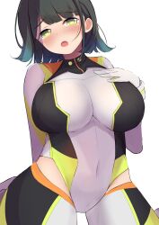  black_hair blue_hair blush bodysuit breasts commentary_request cosplay covered_navel female flipped_hair gradient_hair green_eyes grey_bodysuit highres hip_vent kaudon large_breasts link!_like!_love_live! long_sleeves love_live! momose_ginko multicolored_hair official_alternate_costume official_alternate_hair_color open_mouth short_hair simple_background sitting skin_tight virtual_youtuber wariza white_background 