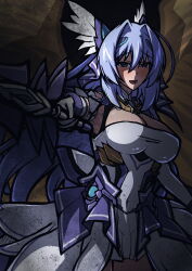  absurdres aoi_tabane blue_eyes blue_hair breasts celestia_(kouyoku_senki_exs-tia) cleavage cowboy_shot dress elbow_gloves empty_eyes female gloves hair_between_eyes hair_intakes headgear highres holding holding_sword holding_weapon katsuragi_marina kouyoku_senki_exs-tia large_breasts long_hair looking_at_viewer open_mouth smile solo sword very_long_hair weapon white_dress white_gloves wings yandere 