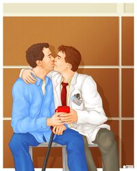  2boys actor against_wall bench caucasian caucasian_male celebrity gay gregory_house house_(series) hugh_laurie in_character james_wilson kissing male male_only men_kissing robert_sean_leonard tsuki_(artist) yaoi 