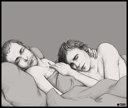  actor bed bedroom caucasian caucasian_male celebrity cuddling gregory_house house_(series) hugh_laurie in_character james_wilson male_only pillow robert_sean_leonard sheet sleeping tsuki_(artist) 