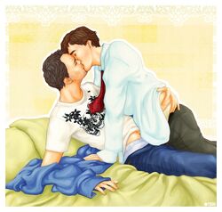  2boys actor bed bedroom cane caucasian caucasian_male celebrity gay gregory_house house_(series) hugh_laurie in_character james_wilson male male_only men_kissing pillow robert_sean_leonard sheet tsuki_(artist) yaoi 