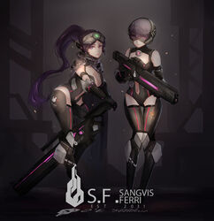  2girls android assault_rifle breasts camouflage camouflage_cloak cleavage cloak commentary digital_camouflage english_commentary girls&#039;_frontline goggles goggles_on_head gun helmet highres jaeger_(girls&#039;_frontline) multiple_girls ponytail purple_eyes purple_hair rifle sangvis_ferri science_fiction sniper_rifle vespid_(girls&#039;_frontline) weapon xyufsky 