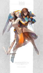  2girls artist_name black_hair blonde_hair blue_eyes brown_eyes character_name commentary_request copyright_name facial_tattoo halo hebi_utage highres mechanical_halo mechanical_wings mercy_(overwatch) midair multiple_girls overwatch overwatch_1 pantyhose pharah_(overwatch) photoshop_(medium) smile staff tattoo twitter_username wings 