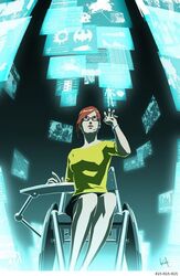  artist_name barbara_gordon batman_(series) bracelet computer dc_comics female glasses green_eyes headset holographic_interface jewelry kit map oracle red_hair sitting wheelchair 