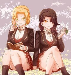  2girls black_hair blonde_hair book cellphone cellphone_charm charm_(object) cinder_fall commentary_request earrings glasses glynda_goodwitch jewelry moai_(moai_world) multiple_girls phone pleated_skirt rwby school_uniform skirt smile socks thighs 