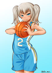  &gt;:) absurdres alternate_costume armpits ball bare_shoulders basketball basketball_(object) basketball_uniform blue_background blue_eyes blue_shorts blush body_blush closed_mouth clothes_writing commentary_request cowboy_shot denver_nuggets female gradient_background gradient_hair grey_hair gym_shorts highres holding holding_ball kantai_collection kashima_(kancolle) kashisu_mint legs_together long_hair looking_at_viewer multicolored_hair national_basketball_association photoshop_(medium) short_hair short_twintails shorts side_slit single_vertical_stripe smile solo sportswear sweat tan tank_top twintails twitter_username v-shaped_eyebrows 