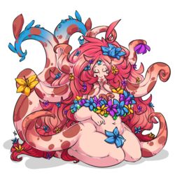  1:1 2015 3_eyes alpha_channel blue_eyes breasts cleavage closed_(disambiguation) clothed clothing female flower hair hi_res kneeling lips long_hair multi_eye navel pink_hair plant simple_background sitting slightly_chubby solo tentacle tentacle_creature thick_thighs tiki_san transparent_background wide_hips 