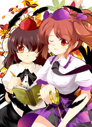  2girls ;) black_hair black_wings blush brown_hair camera camera_phone cellphone checkered_clothes checkered_skirt commentary_request hat highres himekaidou_hatate multiple_girls necktie one_eye_closed partial_commentary phone photoshop_(medium) red_eyes shameimaru_aya shirt short_hair skirt smile tokin_hat touhou twintails usuusu wings 