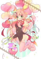  :d animal_ears animal_hands bad_id bad_pixiv_id balloon bow fairy_(jintai) falling female gloves green_eyes heart heart_balloon highres jinrui_wa_suitai_shimashita long_hair messy_hair nekoto_rina open_mouth paw_gloves paw_shoes pink_hair puffy_pants puffy_short_sleeves puffy_sleeves rabbit_ears riding shoes short_sleeves smile surprised tailcoat vest watashi_(jintai) 