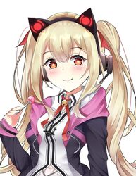  :3 anchor_necklace animal_ears azur_lane bad_id bad_pixiv_id bell black_jacket blonde_hair blush breasts candy closed_mouth collared_shirt commentary_request concord_(azur_lane) drawstring fake_animal_ears female food hand_up headphones highres himexin holding holding_candy holding_food holding_lollipop jacket jewelry jingle_bell lollipop long_hair long_sleeves looking_at_viewer medium_breasts mole mole_under_eye neck_ribbon necklace open_clothes open_jacket red_eyes red_ribbon ribbon shirt sidelocks simple_background sleeves_past_wrists solo star-shaped_pupils star_(symbol) symbol-shaped_pupils twintails upper_body white_background white_shirt 