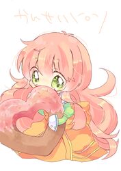  bad_id bad_pixiv_id chibi doughnut dress female food green_eyes heart hiding jinrui_wa_suitai_shimashita long_hair long_sleeves looking_at_viewer messy_hair nekoto_rina orange_dress pink_hair shy sprinkles watashi_(jintai) 