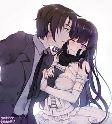  1boy absurdres bare_shoulders black_gloves black_hair breasts business_suit commentary_request dated detached_sleeves female formal gloves highres long_hair medium_breasts necktie one_eye_closed original purple_eyes simple_background suit tearing_up tomashuu twitter_username 