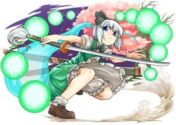  bloomers blue_eyes bow bowtie cherry_blossoms commentary_request danmaku female full_body grey_hair hair_ribbon hairband hitodama katana konpaku_youmu konpaku_youmu_(ghost) loafers phenne puffy_sleeves ribbon scabbard sheath shirt shoes short_hair short_sleeves skirt skirt_set socks solo sword touhou tree underwear unsheathed upskirt vest weapon white_background white_socks 