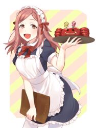  :d bad_id bad_pixiv_id blush bow candle cowboy_shot dress female food hair_ribbon holding holding_tray kunichika_yuu leaning_forward long_hair looking_at_viewer maid_headdress maruishi menu open_mouth pantyhose pink_eyes pink_hair puffy_short_sleeves puffy_sleeves red_bow red_hair red_ribbon ribbon short_sleeves smile solo striped striped_background tray white_pantyhose world_trigger 