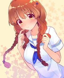  :3 alternate_hairstyle bbbannooo blue_neckerchief blush braid breast_pocket breasts collarbone commentary_request dutch_angle female gradient_background hair_ornament idolmaster idolmaster_cinderella_girls long_hair looking_at_viewer medium_breasts moroboshi_kirari neckerchief orange_eyes orange_hair pocket sailor_collar scratching_cheek shirt short_sleeves solo star_(symbol) star_hair_ornament starry_background sweat twin_braids upper_body white_sailor_collar white_shirt 