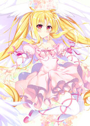  alternate_costume angel_wings ankle_lace-up bare_shoulders blonde_hair blush breasts commentary_request cosplay cross-laced_footwear detached_collar dress fate_testarossa female head_wings hoshina_utau long_hair look-alike lyrical_nanoha mahou_shoujo_lyrical_nanoha mizuki_nana pink_dress pink_footwear puffy_short_sleeves puffy_sleeves raiou red_eyes ribbon ribbon-trimmed_clothes ribbon_trim seraphic_charm seraphic_charm_(cosplay) shoes short_sleeves shugo_chara! small_breasts smile solo sparkle thighhighs trait_connection twintails very_long_hair voice_actor_connection white_thighhighs wings 