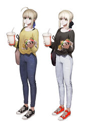  ahoge arms_up artoria_pendragon_(all) bag bangs black_footwear blonde_hair blue_pants blue_ribbon casual cheek_bulge chewing closed_mouth converse denim drinking_cup drinking_straw fate/stay_night fate_(series) female food full_body green_eyes hair_bun hair_ribbon hamburger handbag highres holding holding_food jeans jun_(seojh1029) long_sleeves pants ribbon saber shirt shoes simple_background sneakers solo standing white_background wrapper yellow_shirt 