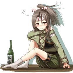  ankle_socks blush bottle brown_eyes brown_hair commentary_request drunk female hachimaki hakama hakama_shorts headband high_ponytail japanese_clothes kantai_collection looking_at_viewer muneate no_shoes sake_bottle shorts simple_background sitting smile socks solo white_background white_socks yakob_labo zuihou_(kancolle) zuihou_kai_ni_(kancolle) 