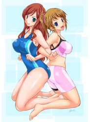  2girls abe_tsukumo back-to-back bike_shorts blue_background blue_eyes breasts brown_hair character_name commentary_request competition_swimsuit from_side full_body gundam gundam_build_fighters gundam_build_fighters_try highres hoshino_fumina kamiki_mirai large_breasts long_hair looking_at_viewer multiple_girls one-piece_swimsuit open_mouth ponytail red_hair scrunchie smile sports_bra swimsuit two-tone_sports_bra 