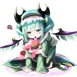  aqua_eyes aqua_hair astaroth_(p&amp;d) blush cauchemar_(p&amp;d) closed_eyes commentary_request doll dress emia_(castilla) female green_dress hairband horns mouth_hold open_mouth pentagram puzzle_&amp;_dragons short_hair solo squiggle tears wings 