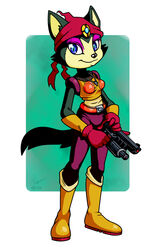  abstract_background alternate_form anthro bandana belt biped black_body black_fur black_nose blue_eyes boots catbeecache clothing eyeshadow felid female footwear full-length_portrait fur gem gloves gun handgun handwear jewelry katt_monroe kerchief makeup mammal necklace nintendo portrait ranged_weapon signature smile solo standing star_fox watermark weapon 