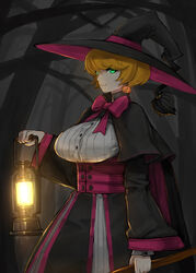  blonde_hair bow breasts capelet closed_mouth commentary_request earrings female forest framed_breasts green_eyes halloween hat highres holding holding_lantern jack-o&#039;-lantern jack-o&#039;-lantern_earrings jewelry lantern large_breasts long_sleeves madarame mole mole_under_eye nature night original pink_bow pumpkin short_hair smile solo tree witch_hat 