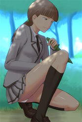  ansatsu_kyoushitsu ass black_necktie black_socks blazer blunt_bangs bonnie_(rsg) brown_footwear bush closed_mouth collared_shirt commentary_request dagger dappled_sunlight dress_shirt eyelashes female from_side grey_skirt holding holding_sword holding_weapon jacket kataoka_megu kneehighs knife kunugigaoka_middle_school_uniform light_smile loafers long_hair long_sleeves low_ponytail miniskirt necktie outdoors panties pantyshot photoshop_(medium) pleated_skirt school_uniform shirt shoes skirt socks solo squatting sunlight sword tree underwear weapon white_panties white_shirt 