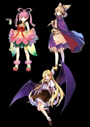  3girls bat_wings belt black_background blonde_hair blush brown_eyes cape character_request commentary_request dress earmuffs full_body gensou_sangokushi green_eyes grin hair_ornament hair_ribbon hair_rings highres jiji_(381134808) kurumi_(touhou) light_brown_hair long_hair long_sleeves looking_at_viewer multiple_girls pink_hair puffy_sleeves purple_wings ribbon ritual_baton shirt shoes short_hair shorts simple_background skirt sleeveless smile socks sword touhou touhou_(pc-98) toyosatomimi_no_miko weapon white_legwear wings x_hair_ornament yellow_eyes 