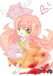  :d bad_id bad_pixiv_id bird blood blood_stain bread chibi chicken dress female food green_eyes heart highres jinrui_wa_suitai_shimashita long_hair long_sleeves looking_at_viewer nekoto_rina open_mouth orange_dress pink_hair smile watashi_(jintai) 