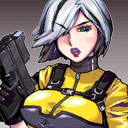  agent_helix breasts commentary_request female g.i._joe green_eyes gun hair_over_one_eye handgun large_breasts lips looking_at_viewer lowres matagitii multicolored_hair oekaki solo weapon 