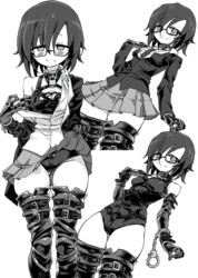  bondage bondage bondage_outfit bound breast_bondage breasts choker commentary covered_navel crotch_rope cuffs female glasses gloves greyscale harness highres kinbakuman leotard leotard_under_clothes m-chan_(kinbakuman) monochrome multiple_views original restrained school_swimsuit self_bondage semi-rimless_eyewear shackles short_hair small_breasts smile swimsuit thighhighs under-rim_eyewear uniform 