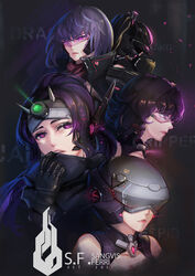  5girls android back-to-back breasts character_name cleavage cloak commentary_request dragoon_(girls&#039;_frontline) eyebrows girls&#039;_frontline guard_(girls&#039;_frontline) head-mounted_display helmet highres jaeger_(girls&#039;_frontline) lips multiple_girls photoshop_(medium) ponytail purple_eyes purple_hair ripper_(girls&#039;_frontline) sangvis_ferri science_fiction vespid_(girls&#039;_frontline) xyufsky 