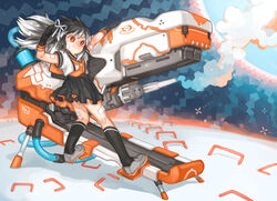  absurdres bad_id bad_pixiv_id black_gloves black_hair black_socks female gloves gradient_hair hair_ribbon highres kneehighs mecha multicolored_hair orange_eyes original ribbon robot sailor_collar school_uniform skirt smoke socks solo staple stapler suspender_skirt suspenders yai_(hachihito) 