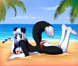  anthro beach bikini border_collie breasts canid canine canis clothing collie detailed_background domestic_dog female herding_dog janice_carter kitsunewaffles-chan looking_at_viewer lying mammal on_front outside pastoral_dog sand seaside sheepdog smile solo swimwear 