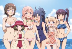  6+girls :3 :d ;3 ;d ahoge bikini blonde_hair blue_bikini blue_eyes blue_hair blunt_bangs blush breasts brown_hair casual_one-piece_swimsuit cleavage commentary_request cowboy_shot diagonal_stripes frilled_bikini frilled_one-piece_swimsuit frills front-tie_top groin hagino_chiaki hair_bobbles hair_ornament hairclip hand_on_own_hip hiiragi_mayuki hinako_note jacket kuroyanagi_ruriko lowleg lowleg_bikini medium_breasts multiple_girls nakajima_yua natsukawa_kuina navel ocean old_school_swimsuit one-piece_swimsuit one_eye_closed onomekaman open_mouth outdoors pink_bikini pink_hair plaid plaid_swimsuit ponytail purple_eyes red_one-piece_swimsuit sakuragi_hinako school_swimsuit side-tie_bikini_bottom side_ponytail sidelocks small_breasts smile striped_bikini striped_clothes swimsuit thigh_gap twintails water white_bikini yellow_eyes 