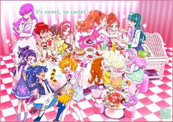  6+girls :d akagi_towa amanogawa_kirara arisugawa_himari aroma_(go!_princess_precure) asahina_mirai bear bench bird blonde_hair blue_eyes blue_hair border braid broom brown_eyes brown_hair cake canine closed_eyes coat commentary_request crown_braid dress eating english_text food go!_princess_precure green_eyes guitar hairband half_updo hanami_kotoha haruno_haruka in-franchise_crossover instrument izayoi_liko jacket kaidou_minami kamikita_futago kenjou_akira kirakira_precure_a_la_mode kotozume_yukari licking licking_another&#039;s_cheek licking_another&#039;s_face long_hair long_sleeves mahou_girls_precure! mofurun_(mahou_girls_precure!) multiple_girls official_art open_mouth orange_hair pekorin_(precure) pie pink_hair ponytail precure pudding puff_(go!_princess_precure) puffy_short_sleeves puffy_sleeves purple_eyes purple_hair red_eyes red_hair short_hair short_sleeves skirt smile sparkle stuffed_animal stuffed_toy surprised sweets tategami_aoi teddy_bear twin_braids twintails unconventional_guitar usami_ichika 