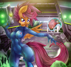  2015 alien anthro anthrofied breasts clothed clothing crossover duo equid equine feathered_wings feathers female friendship_is_magic fur gun hair hasbro hi_res hooves inside knifeh latex looking_at_viewer mammal metroid metroid_(species) my_little_pony mythological_creature mythological_equine mythology navel nintendo orange_body orange_feathers orange_fur pegasus pink_hair purple_eyes ranged_weapon scootaloo_(mlp) short_hair smile standing suit thick_thighs tight_clothing weapon wide_hipped_female wide_hips wings zero_suit 